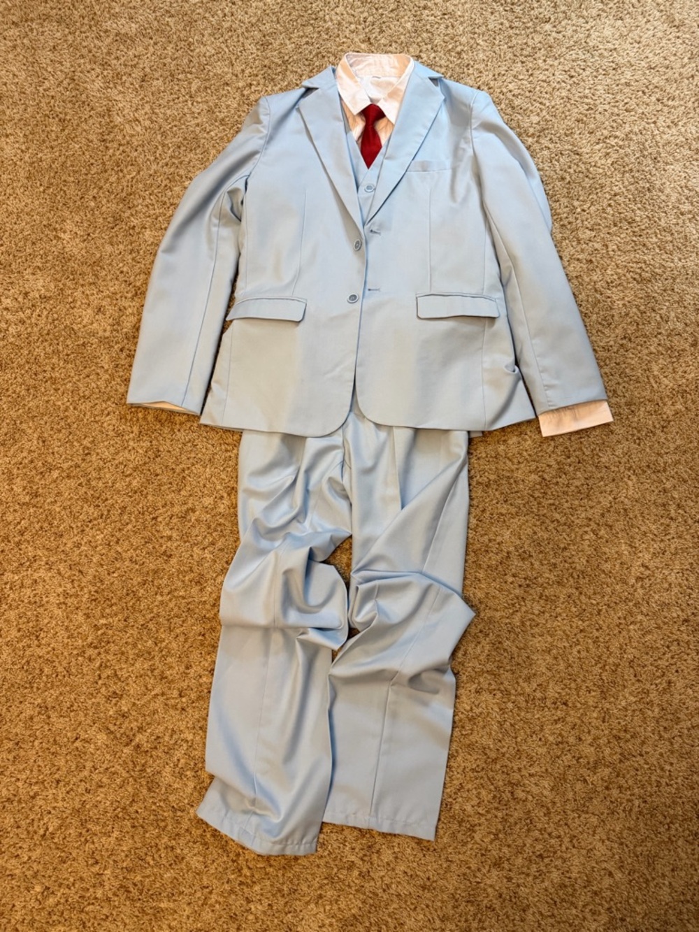 Boys Light Blue Three-Piece Suit with Red Tie
